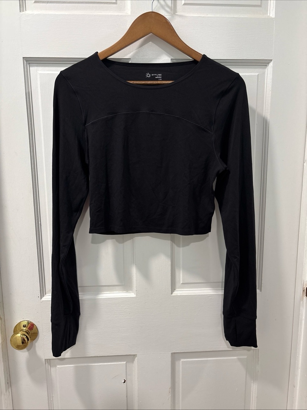 Offline By Aerie Real Me Open Back Long Sleeve Crop Top Size Large Black Yoga